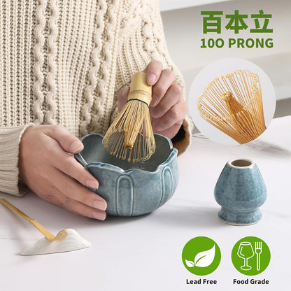 Matcha Whisk Set, Ceramic Matcha Set, Matcha Kit Set Includes Matcha Bowl, Matcha Whisk and Holder, Bamboo Scoop and Sifter, Matcha Tea Set, Ideal Gift for Family/Friend (Pink)