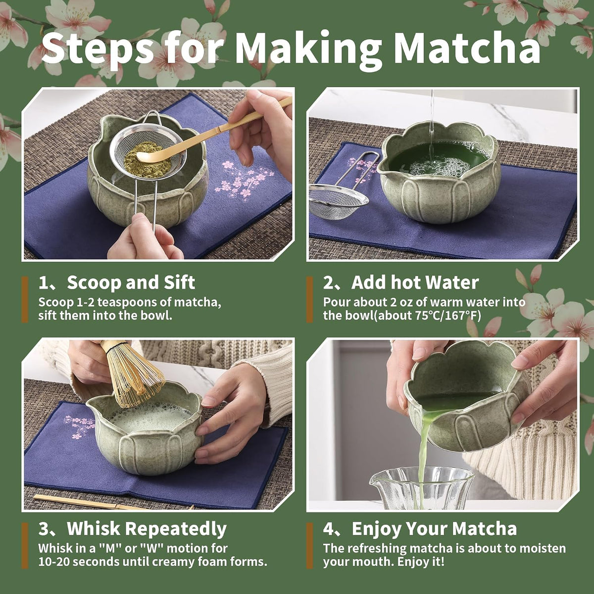 Matcha Whisk Set, Ceramic Matcha Set, Matcha Kit Set Includes Matcha Bowl, Matcha Whisk and Holder, Bamboo Scoop and Sifter, Matcha Tea Set, Ideal Gift for Family/Friend (Pink)
