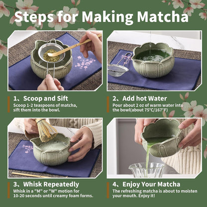 Matcha Whisk Set, Ceramic Matcha Set, Matcha Kit Set Includes Matcha Bowl, Matcha Whisk and Holder, Bamboo Scoop and Sifter, Matcha Tea Set, Ideal Gift for Family/Friend (Pink)