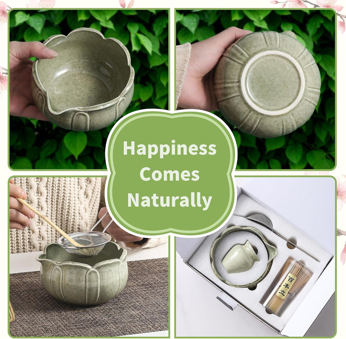 Matcha Whisk Set, Ceramic Matcha Set, Matcha Kit Set Includes Matcha Bowl, Matcha Whisk and Holder, Bamboo Scoop and Sifter, Matcha Tea Set, Ideal Gift for Family/Friend (Pink)