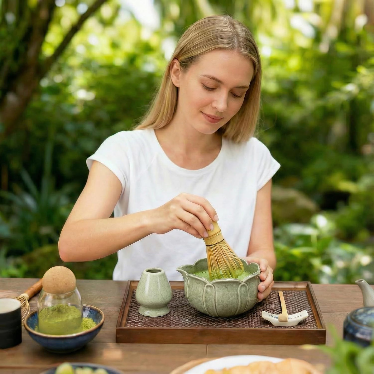 Matcha Whisk Set, Ceramic Matcha Set, Matcha Kit Set Includes Matcha Bowl, Matcha Whisk and Holder, Bamboo Scoop and Sifter, Matcha Tea Set, Ideal Gift for Family/Friend (Pink)