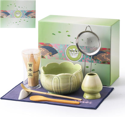 Matcha Whisk Set, Ceramic Matcha Set, Matcha Kit Set Includes Matcha Bowl, Matcha Whisk and Holder, Bamboo Scoop and Sifter, Matcha Tea Set, Ideal Gift for Family/Friend (Pink)