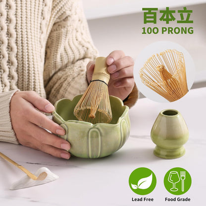 Matcha Whisk Set, Ceramic Matcha Set, Matcha Kit Set Includes Matcha Bowl, Matcha Whisk and Holder, Bamboo Scoop and Sifter, Matcha Tea Set, Ideal Gift for Family/Friend (Pink)