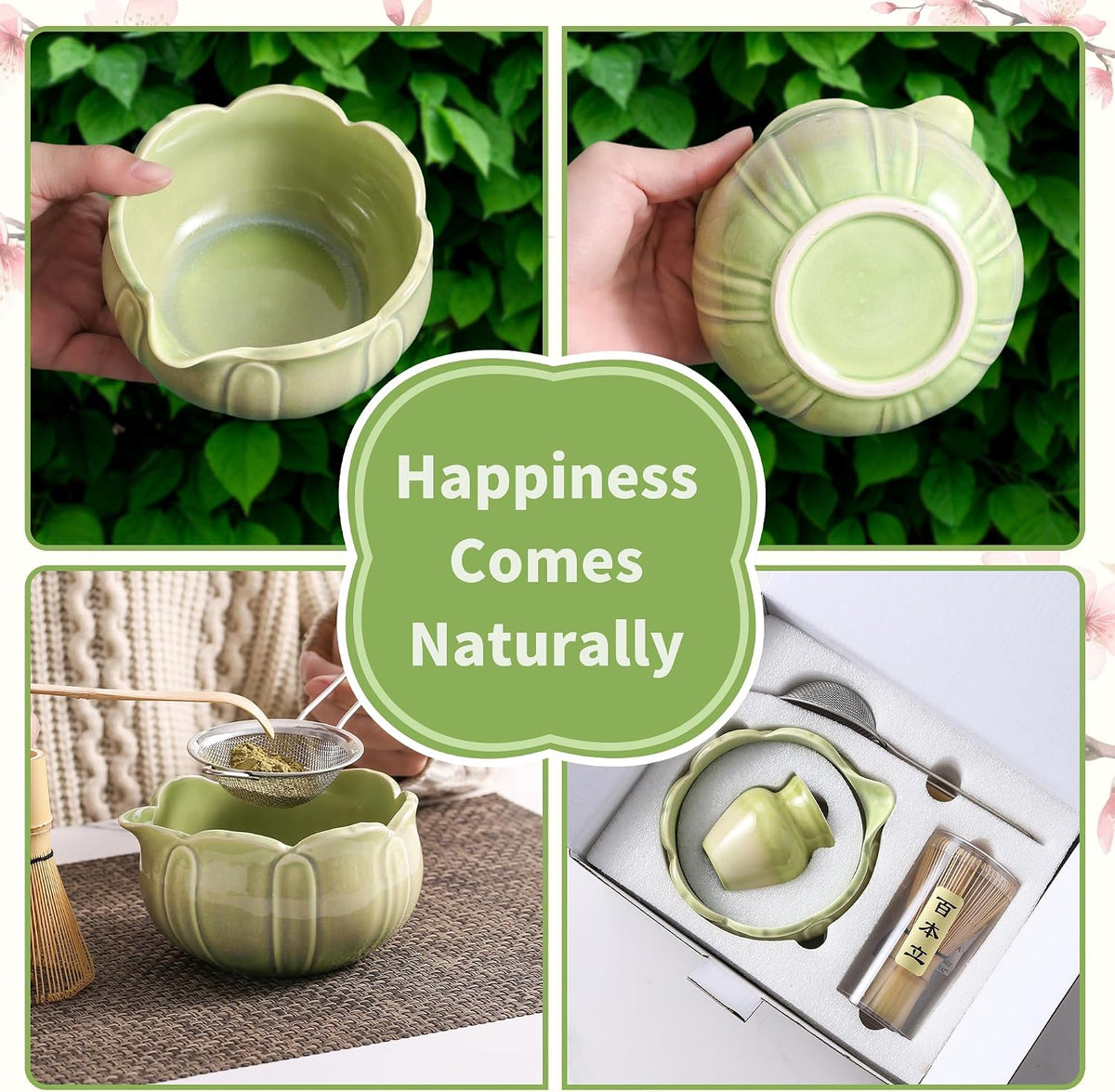 Matcha Whisk Set, Ceramic Matcha Set, Matcha Kit Set Includes Matcha Bowl, Matcha Whisk and Holder, Bamboo Scoop and Sifter, Matcha Tea Set, Ideal Gift for Family/Friend (Pink)