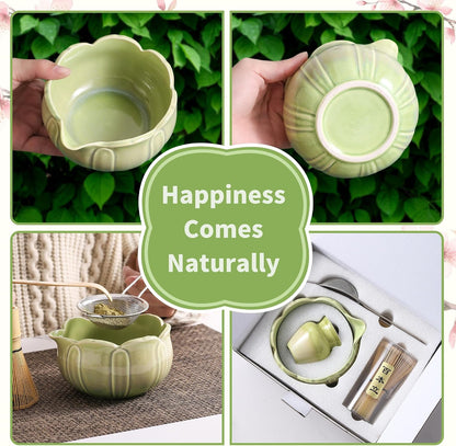 Matcha Whisk Set, Ceramic Matcha Set, Matcha Kit Set Includes Matcha Bowl, Matcha Whisk and Holder, Bamboo Scoop and Sifter, Matcha Tea Set, Ideal Gift for Family/Friend (Pink)
