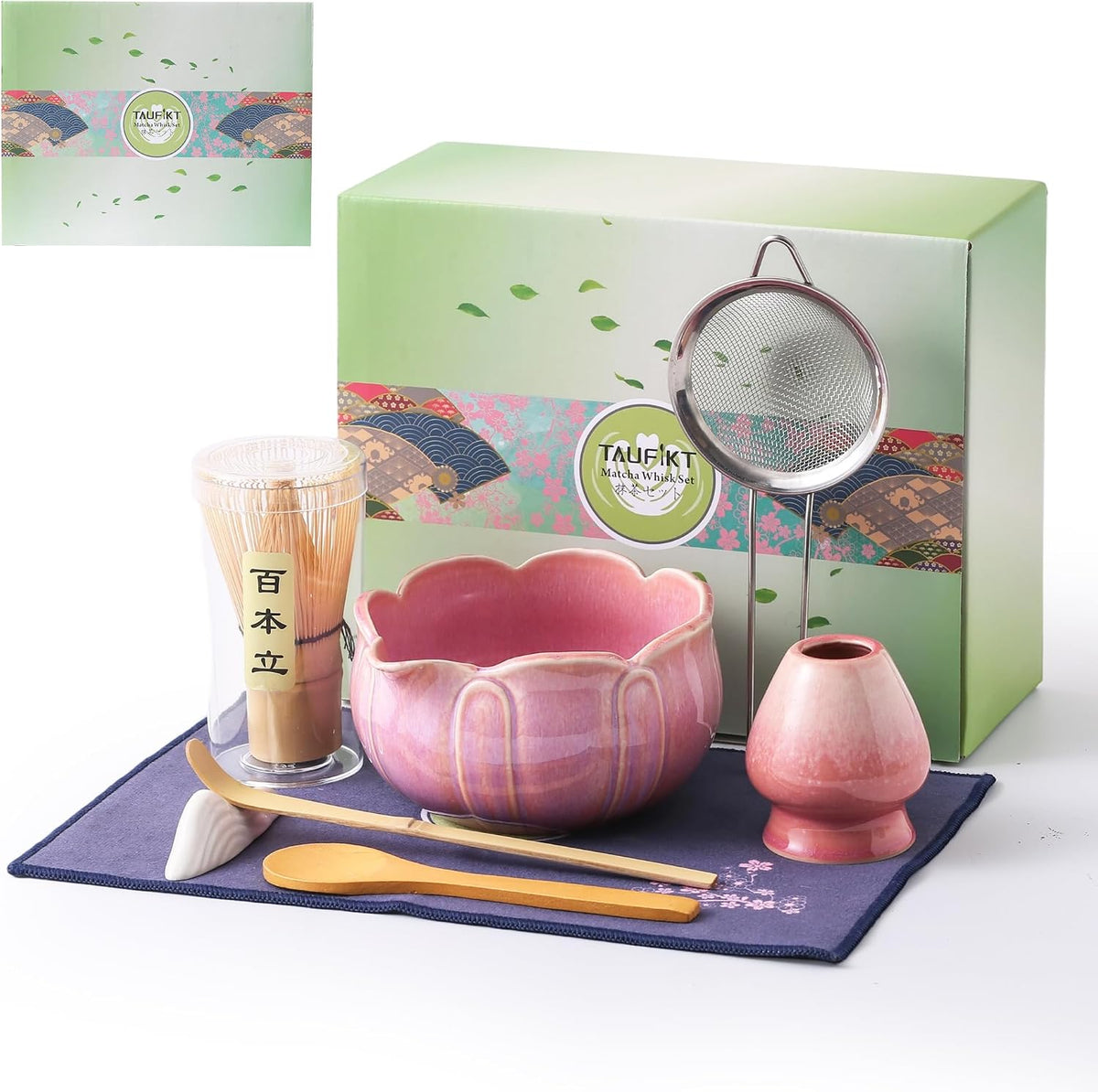Matcha Whisk Set, Ceramic Matcha Set, Matcha Kit Set Includes Matcha Bowl, Matcha Whisk and Holder, Bamboo Scoop and Sifter, Matcha Tea Set, Ideal Gift for Family/Friend (Pink)