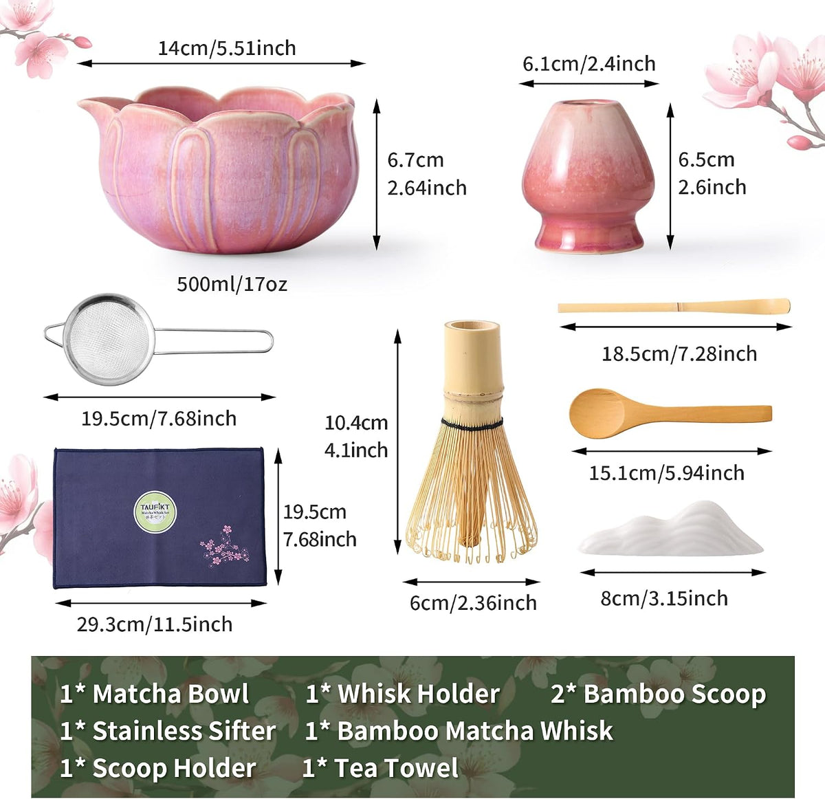 Matcha Whisk Set, Ceramic Matcha Set, Matcha Kit Set Includes Matcha Bowl, Matcha Whisk and Holder, Bamboo Scoop and Sifter, Matcha Tea Set, Ideal Gift for Family/Friend (Pink)