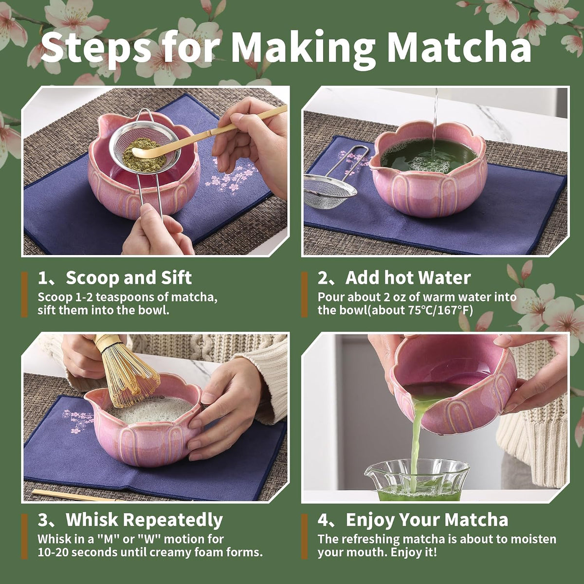 Matcha Whisk Set, Ceramic Matcha Set, Matcha Kit Set Includes Matcha Bowl, Matcha Whisk and Holder, Bamboo Scoop and Sifter, Matcha Tea Set, Ideal Gift for Family/Friend (Pink)