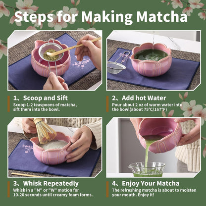 Matcha Whisk Set, Ceramic Matcha Set, Matcha Kit Set Includes Matcha Bowl, Matcha Whisk and Holder, Bamboo Scoop and Sifter, Matcha Tea Set, Ideal Gift for Family/Friend (Pink)