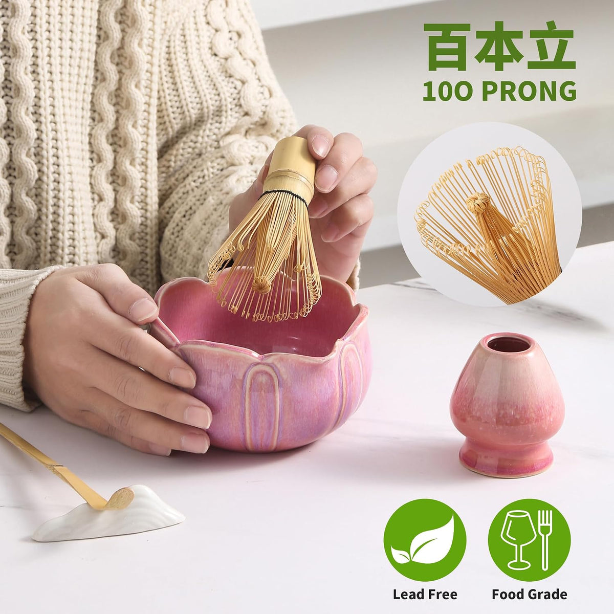 Matcha Whisk Set, Ceramic Matcha Set, Matcha Kit Set Includes Matcha Bowl, Matcha Whisk and Holder, Bamboo Scoop and Sifter, Matcha Tea Set, Ideal Gift for Family/Friend (Pink)