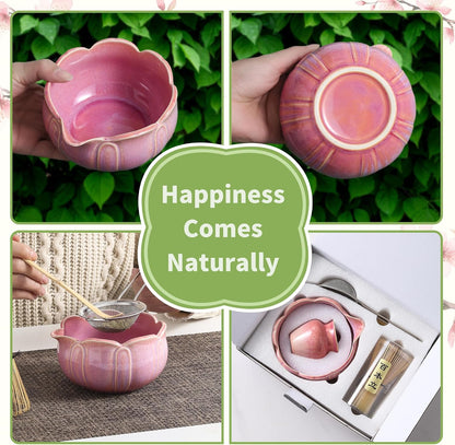 Matcha Whisk Set, Ceramic Matcha Set, Matcha Kit Set Includes Matcha Bowl, Matcha Whisk and Holder, Bamboo Scoop and Sifter, Matcha Tea Set, Ideal Gift for Family/Friend (Pink)