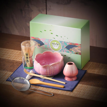 Matcha Whisk Set, Ceramic Matcha Set, Matcha Kit Set Includes Matcha Bowl, Matcha Whisk and Holder, Bamboo Scoop and Sifter, Matcha Tea Set, Ideal Gift for Family/Friend (Pink)
