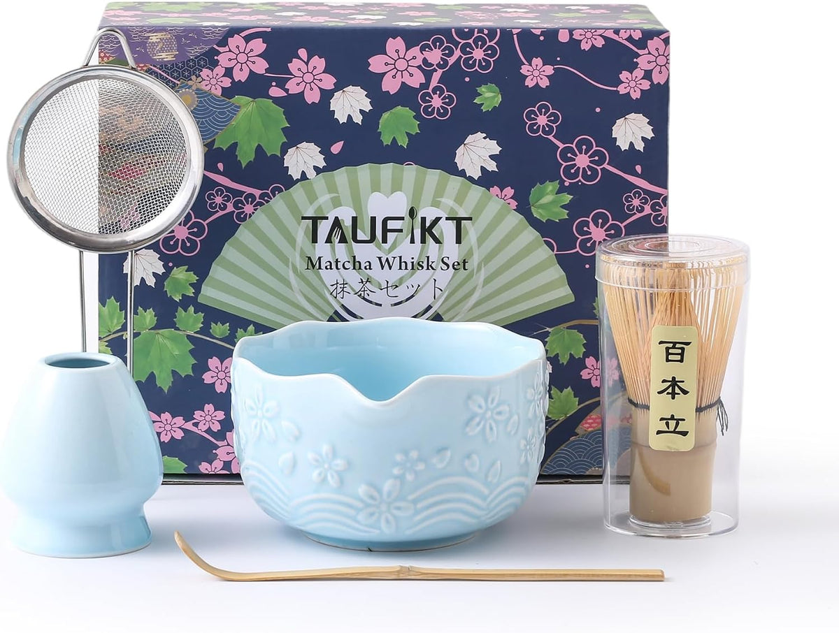 Matcha Whisk Set, Ceramic Matcha Set, Matcha Kit Set Includes Matcha Bowl, Matcha Whisk and Holder, Bamboo Scoop and Sifter, Matcha Tea Set, Ideal Gift for Family/Friend (Pink)