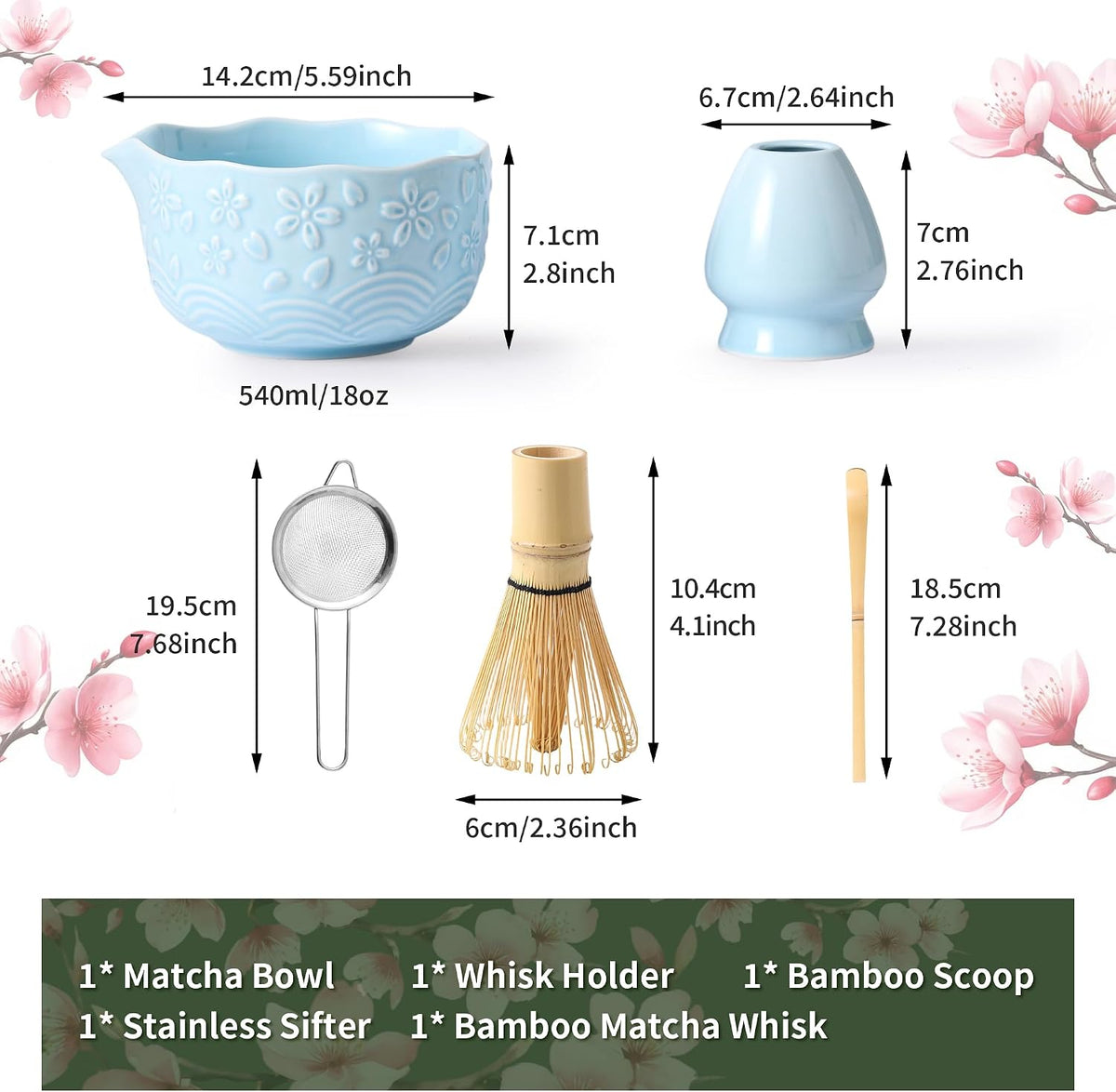 Matcha Whisk Set, Ceramic Matcha Set, Matcha Kit Set Includes Matcha Bowl, Matcha Whisk and Holder, Bamboo Scoop and Sifter, Matcha Tea Set, Ideal Gift for Family/Friend (Pink)