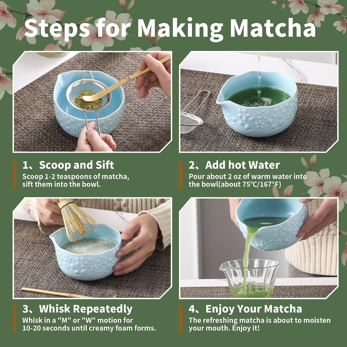 Matcha Whisk Set, Ceramic Matcha Set, Matcha Kit Set Includes Matcha Bowl, Matcha Whisk and Holder, Bamboo Scoop and Sifter, Matcha Tea Set, Ideal Gift for Family/Friend (Pink)
