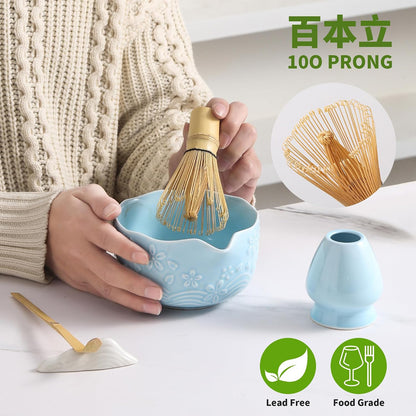Matcha Whisk Set, Ceramic Matcha Set, Matcha Kit Set Includes Matcha Bowl, Matcha Whisk and Holder, Bamboo Scoop and Sifter, Matcha Tea Set, Ideal Gift for Family/Friend (Pink)