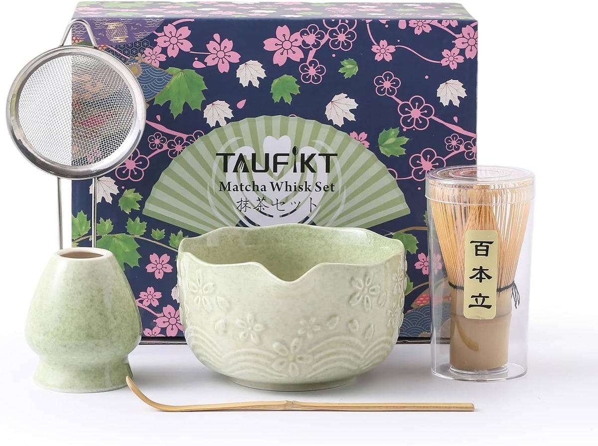 Matcha Whisk Set, Ceramic Matcha Set, Matcha Kit Set Includes Matcha Bowl, Matcha Whisk and Holder, Bamboo Scoop and Sifter, Matcha Tea Set, Ideal Gift for Family/Friend (Pink)