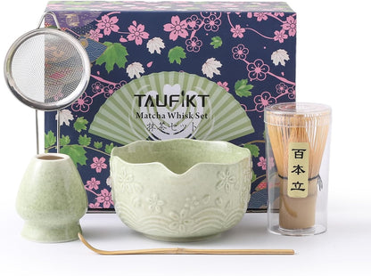 Matcha Whisk Set, Ceramic Matcha Set, Matcha Kit Set Includes Matcha Bowl, Matcha Whisk and Holder, Bamboo Scoop and Sifter, Matcha Tea Set, Ideal Gift for Family/Friend (Pink)