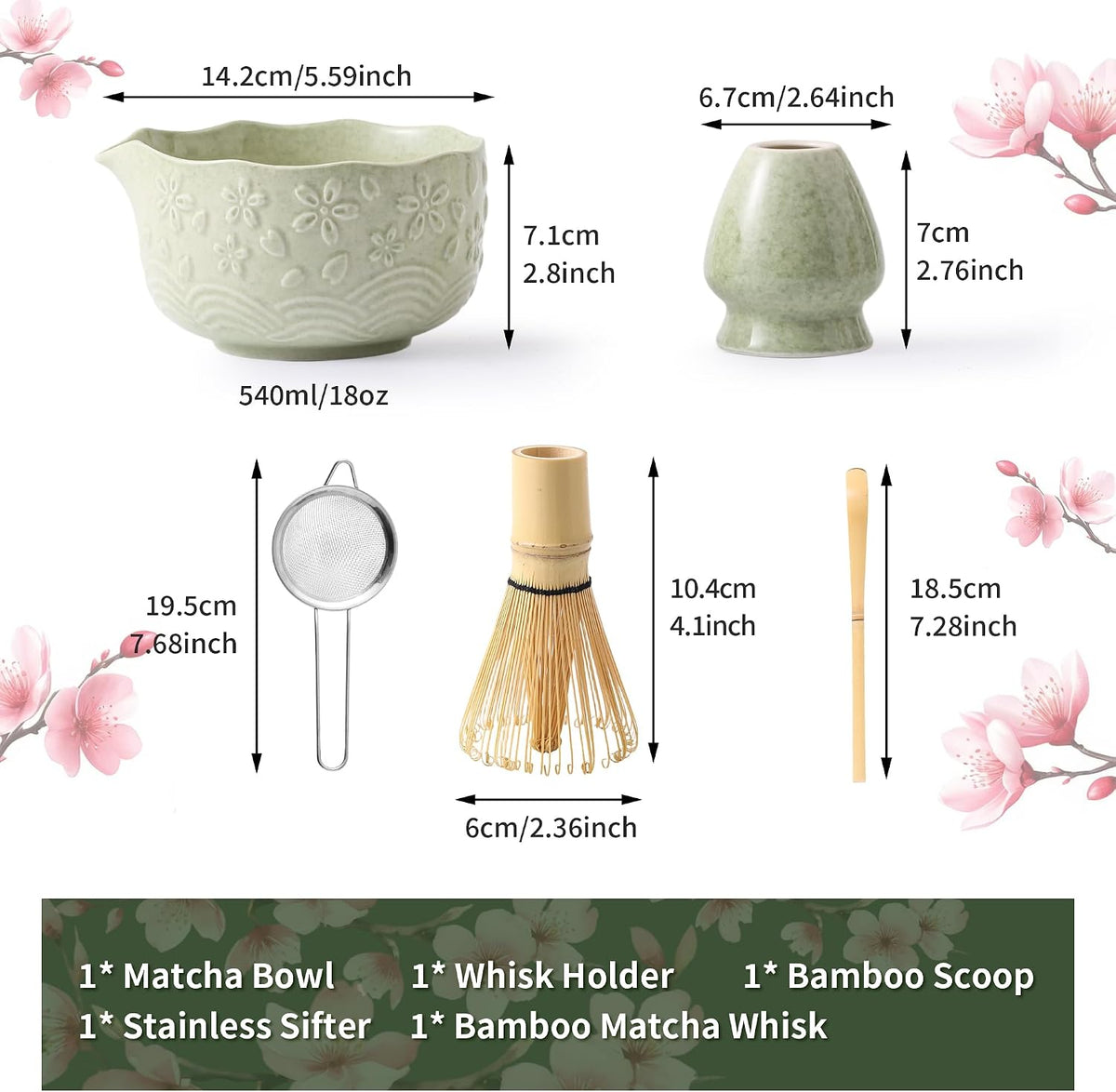 Matcha Whisk Set, Ceramic Matcha Set, Matcha Kit Set Includes Matcha Bowl, Matcha Whisk and Holder, Bamboo Scoop and Sifter, Matcha Tea Set, Ideal Gift for Family/Friend (Pink)