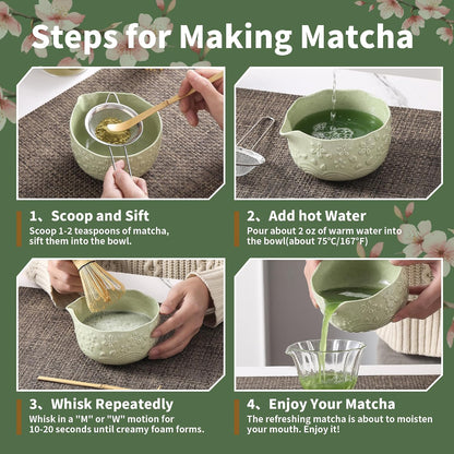 Matcha Whisk Set, Ceramic Matcha Set, Matcha Kit Set Includes Matcha Bowl, Matcha Whisk and Holder, Bamboo Scoop and Sifter, Matcha Tea Set, Ideal Gift for Family/Friend (Pink)
