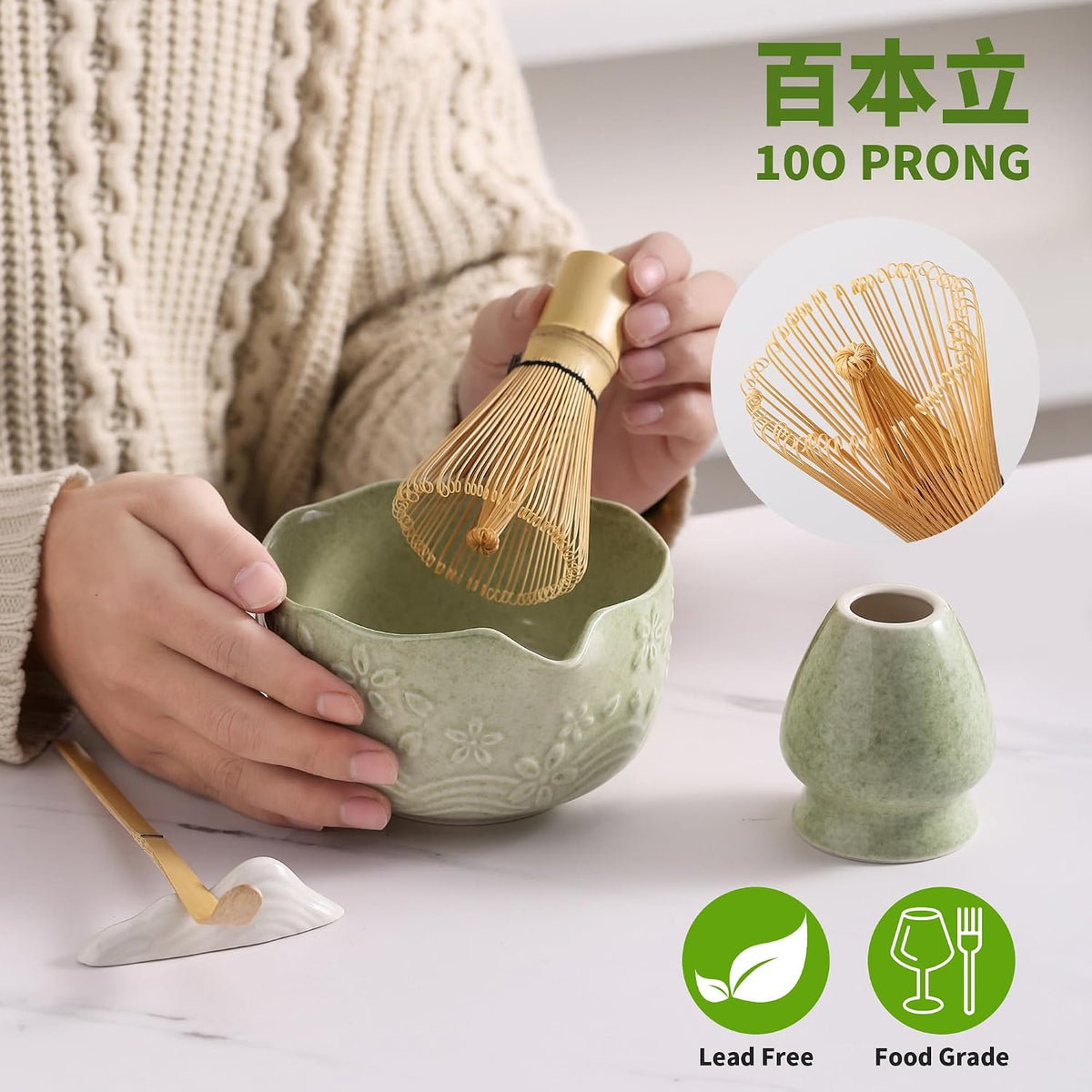 Matcha Whisk Set, Ceramic Matcha Set, Matcha Kit Set Includes Matcha Bowl, Matcha Whisk and Holder, Bamboo Scoop and Sifter, Matcha Tea Set, Ideal Gift for Family/Friend (Pink)