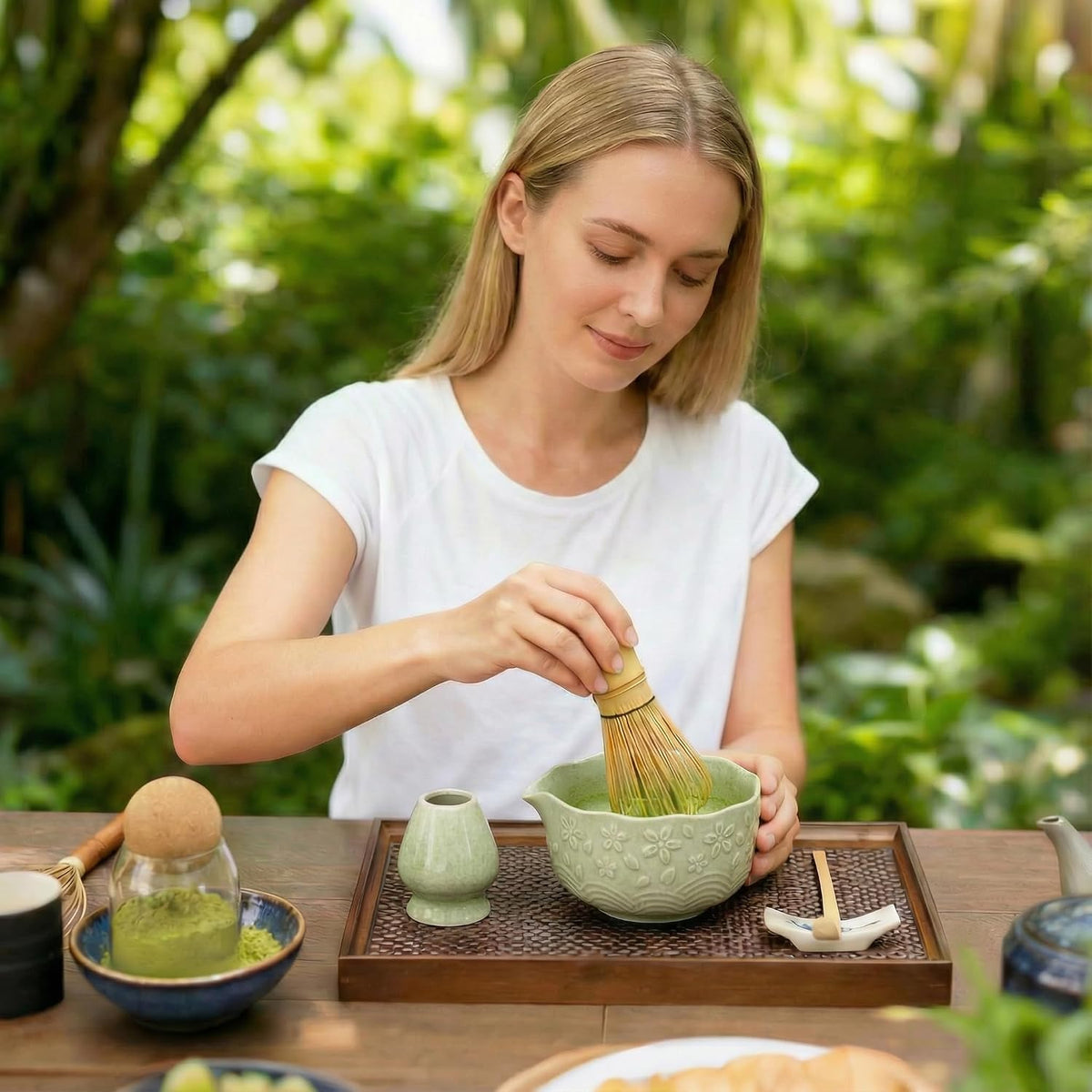 Matcha Whisk Set, Ceramic Matcha Set, Matcha Kit Set Includes Matcha Bowl, Matcha Whisk and Holder, Bamboo Scoop and Sifter, Matcha Tea Set, Ideal Gift for Family/Friend (Pink)