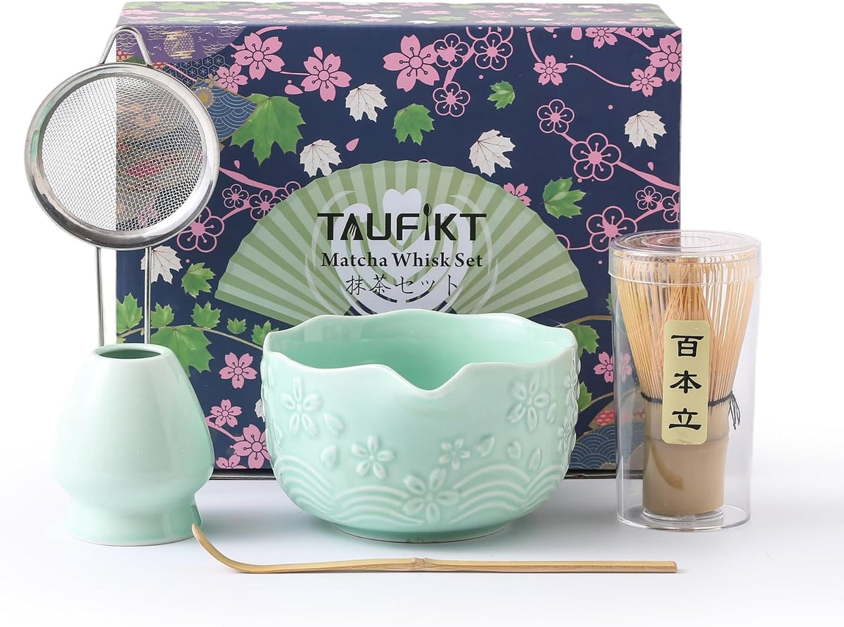 Matcha Whisk Set, Ceramic Matcha Set, Matcha Kit Set Includes Matcha Bowl, Matcha Whisk and Holder, Bamboo Scoop and Sifter, Matcha Tea Set, Ideal Gift for Family/Friend (Pink)