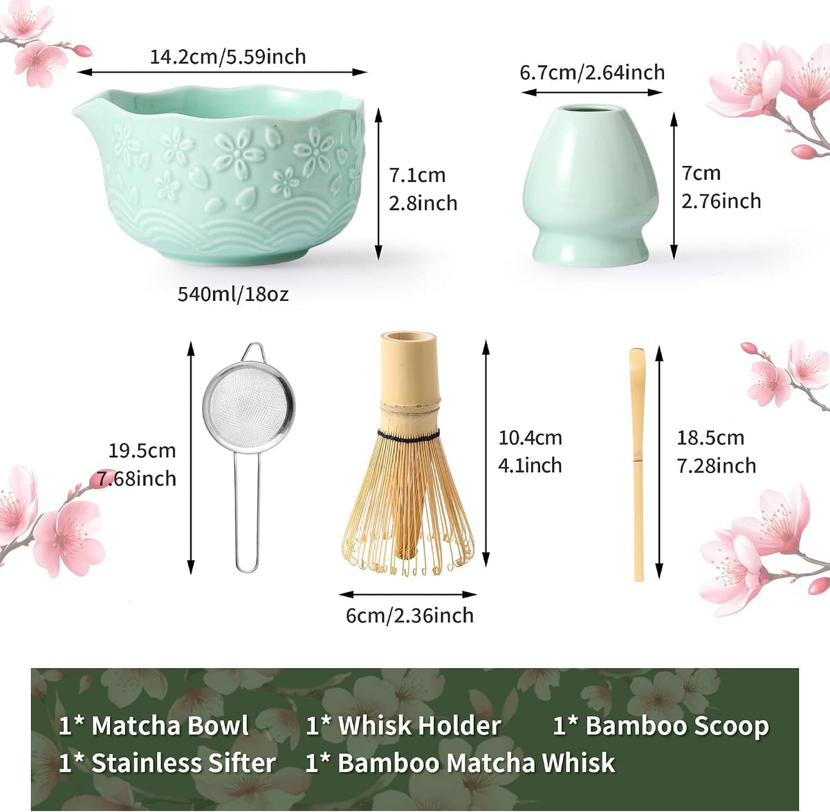 Matcha Whisk Set, Ceramic Matcha Set, Matcha Kit Set Includes Matcha Bowl, Matcha Whisk and Holder, Bamboo Scoop and Sifter, Matcha Tea Set, Ideal Gift for Family/Friend (Pink)