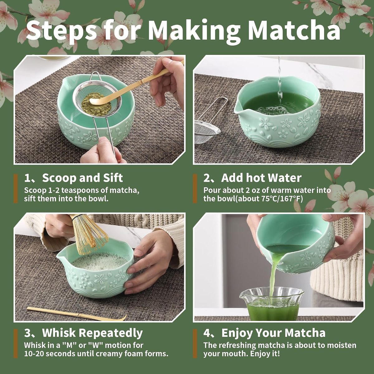 Matcha Whisk Set, Ceramic Matcha Set, Matcha Kit Set Includes Matcha Bowl, Matcha Whisk and Holder, Bamboo Scoop and Sifter, Matcha Tea Set, Ideal Gift for Family/Friend (Pink)