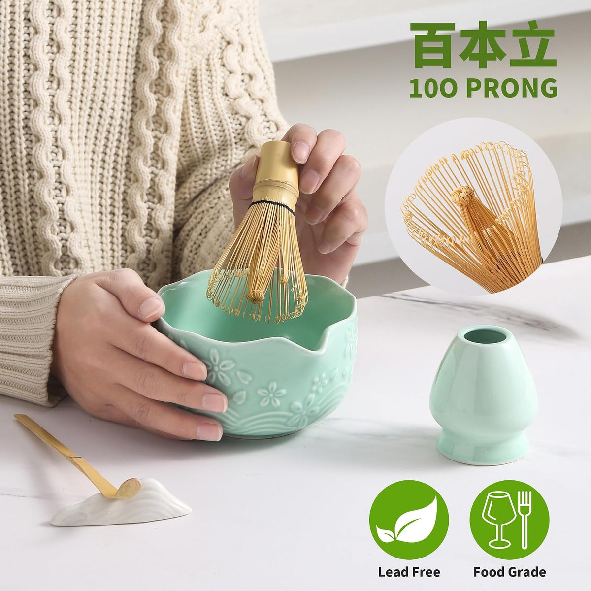 Matcha Whisk Set, Ceramic Matcha Set, Matcha Kit Set Includes Matcha Bowl, Matcha Whisk and Holder, Bamboo Scoop and Sifter, Matcha Tea Set, Ideal Gift for Family/Friend (Pink)