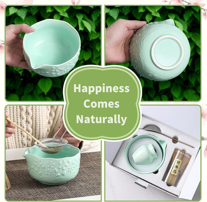 Matcha Whisk Set, Ceramic Matcha Set, Matcha Kit Set Includes Matcha Bowl, Matcha Whisk and Holder, Bamboo Scoop and Sifter, Matcha Tea Set, Ideal Gift for Family/Friend (Pink)