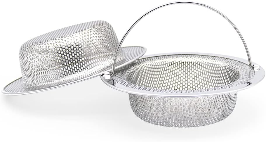 2 Pack Upgrade Kitchen Sink Strainer with Handle, Premium Stainless Steel Sink Garbage Disposal Stopper Mesh Basket, Stainless Steel Kitchen Sink Basket Strainer, Wide Rim 4.33" Diameter Large