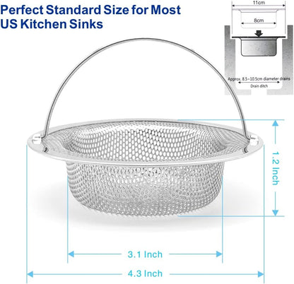2 Pack Upgrade Kitchen Sink Strainer with Handle, Premium Stainless Steel Sink Garbage Disposal Stopper Mesh Basket, Stainless Steel Kitchen Sink Basket Strainer, Wide Rim 4.33" Diameter Large