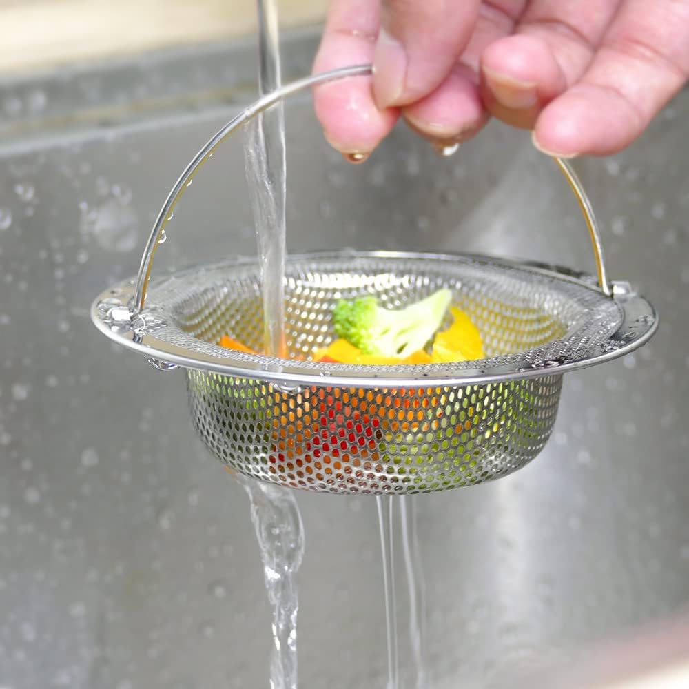 2 Pack Upgrade Kitchen Sink Strainer with Handle, Premium Stainless Steel Sink Garbage Disposal Stopper Mesh Basket, Stainless Steel Kitchen Sink Basket Strainer, Wide Rim 4.33" Diameter Large