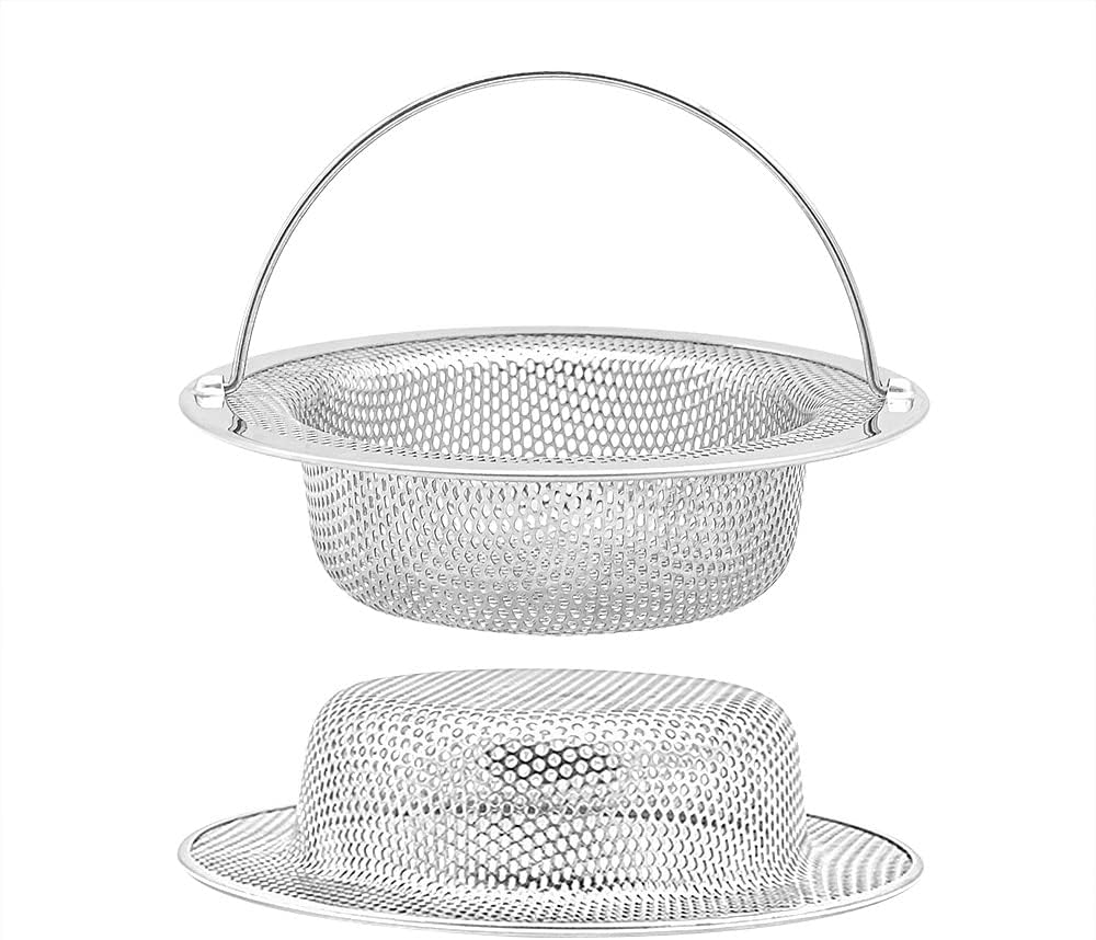 2 Pack Upgrade Kitchen Sink Strainer with Handle, Premium Stainless Steel Sink Garbage Disposal Stopper Mesh Basket, Stainless Steel Kitchen Sink Basket Strainer, Wide Rim 4.33" Diameter Large