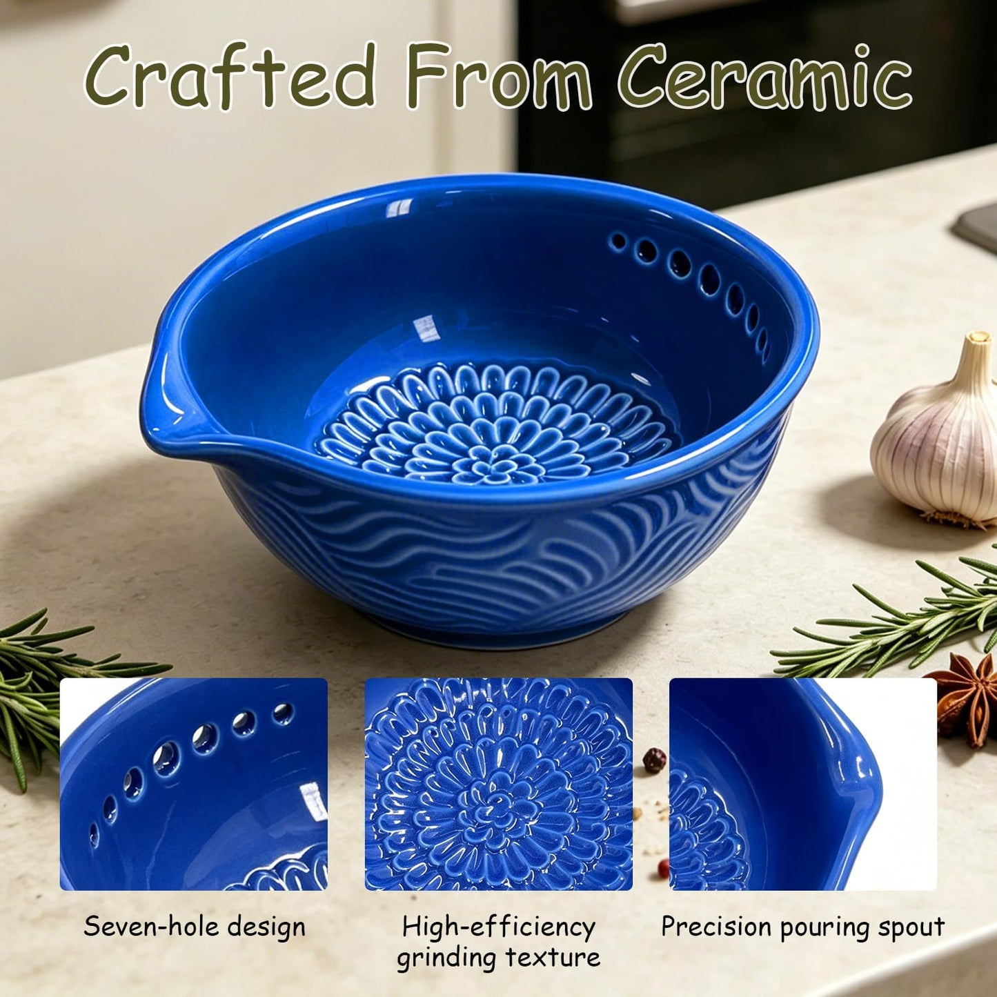 Grater Plate, 3 in 1 Ceramic Ginger Grater Bowl with Herb Stripper – Handmade Multi-Functional Kitchen Tool for Garlic, Ginger, Chocolate, Herbs, and Spices (Gray)
