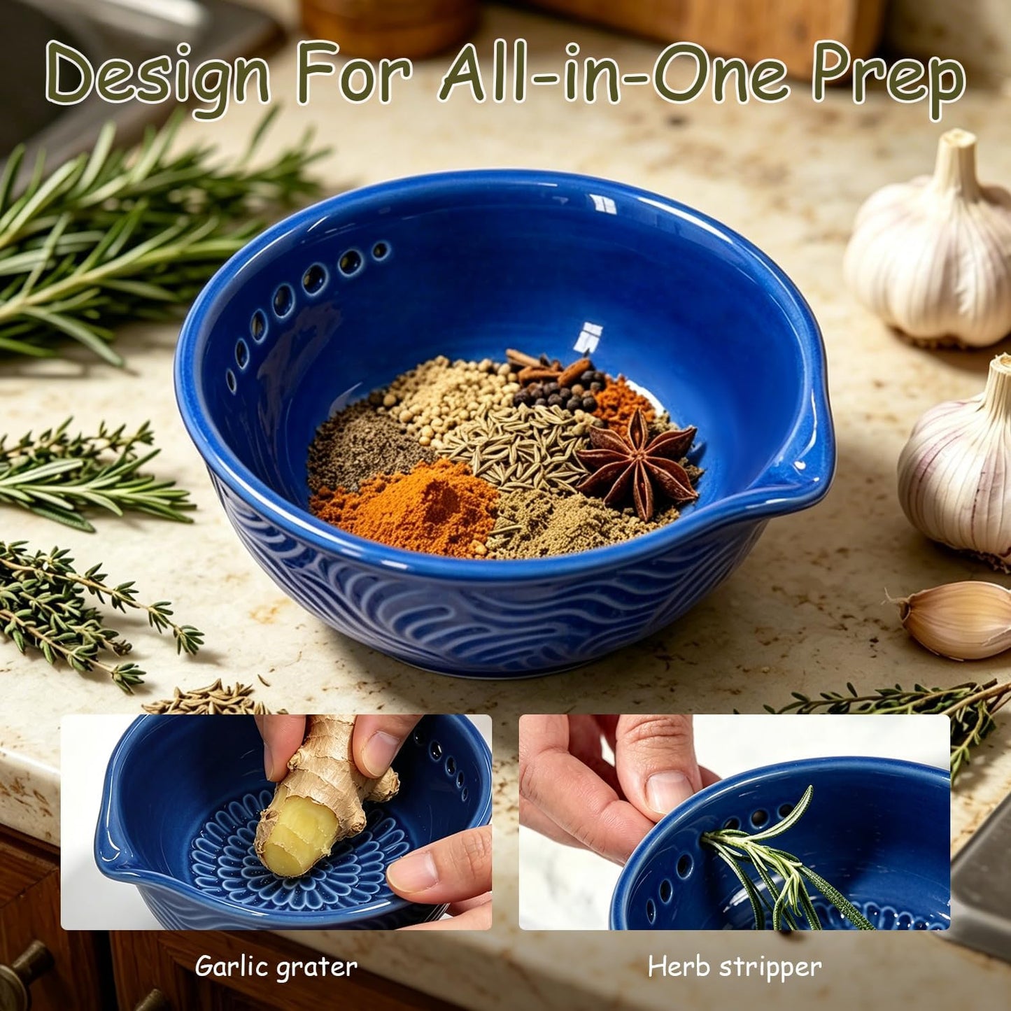 Grater Plate, 3 in 1 Ceramic Ginger Grater Bowl with Herb Stripper – Handmade Multi-Functional Kitchen Tool for Garlic, Ginger, Chocolate, Herbs, and Spices (Gray)
