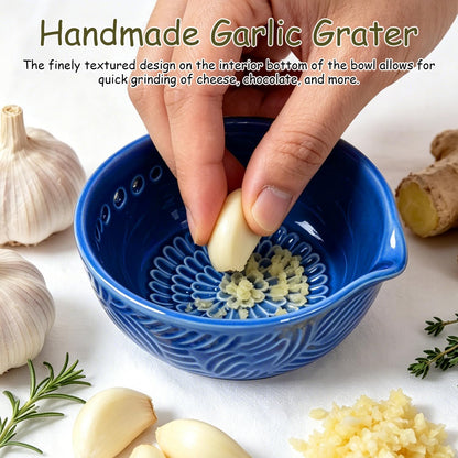 Grater Plate, 3 in 1 Ceramic Ginger Grater Bowl with Herb Stripper – Handmade Multi-Functional Kitchen Tool for Garlic, Ginger, Chocolate, Herbs, and Spices (Gray)