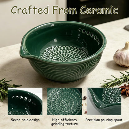 Grater Plate, 3 in 1 Ceramic Ginger Grater Bowl with Herb Stripper – Handmade Multi-Functional Kitchen Tool for Garlic, Ginger, Chocolate, Herbs, and Spices (Gray)
