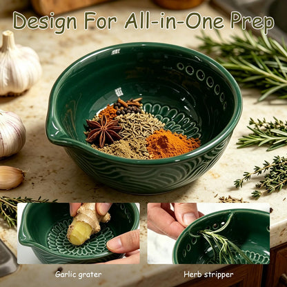 Grater Plate, 3 in 1 Ceramic Ginger Grater Bowl with Herb Stripper – Handmade Multi-Functional Kitchen Tool for Garlic, Ginger, Chocolate, Herbs, and Spices (Gray)