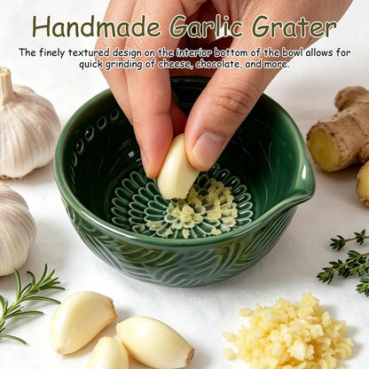 Grater Plate, 3 in 1 Ceramic Ginger Grater Bowl with Herb Stripper – Handmade Multi-Functional Kitchen Tool for Garlic, Ginger, Chocolate, Herbs, and Spices (Gray)