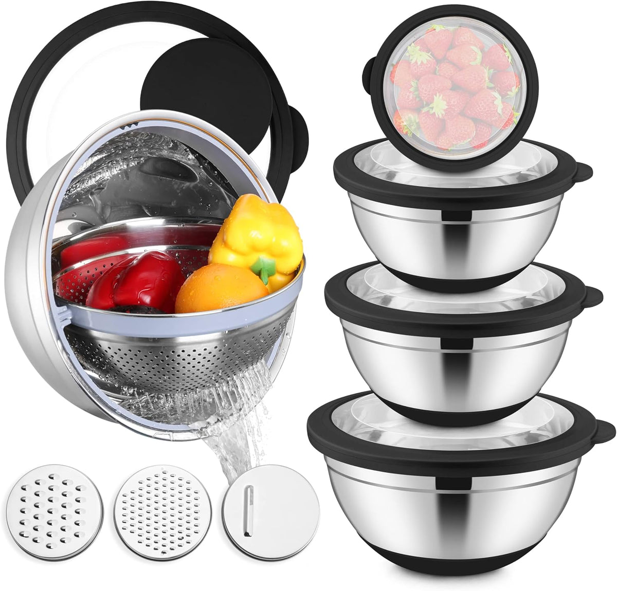 Stainless Steel Mixing Bowls with Lids & Colander, 15PCS