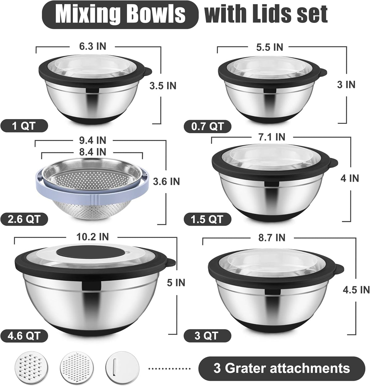 Stainless Steel Mixing Bowls with Lids & Colander, 15PCS