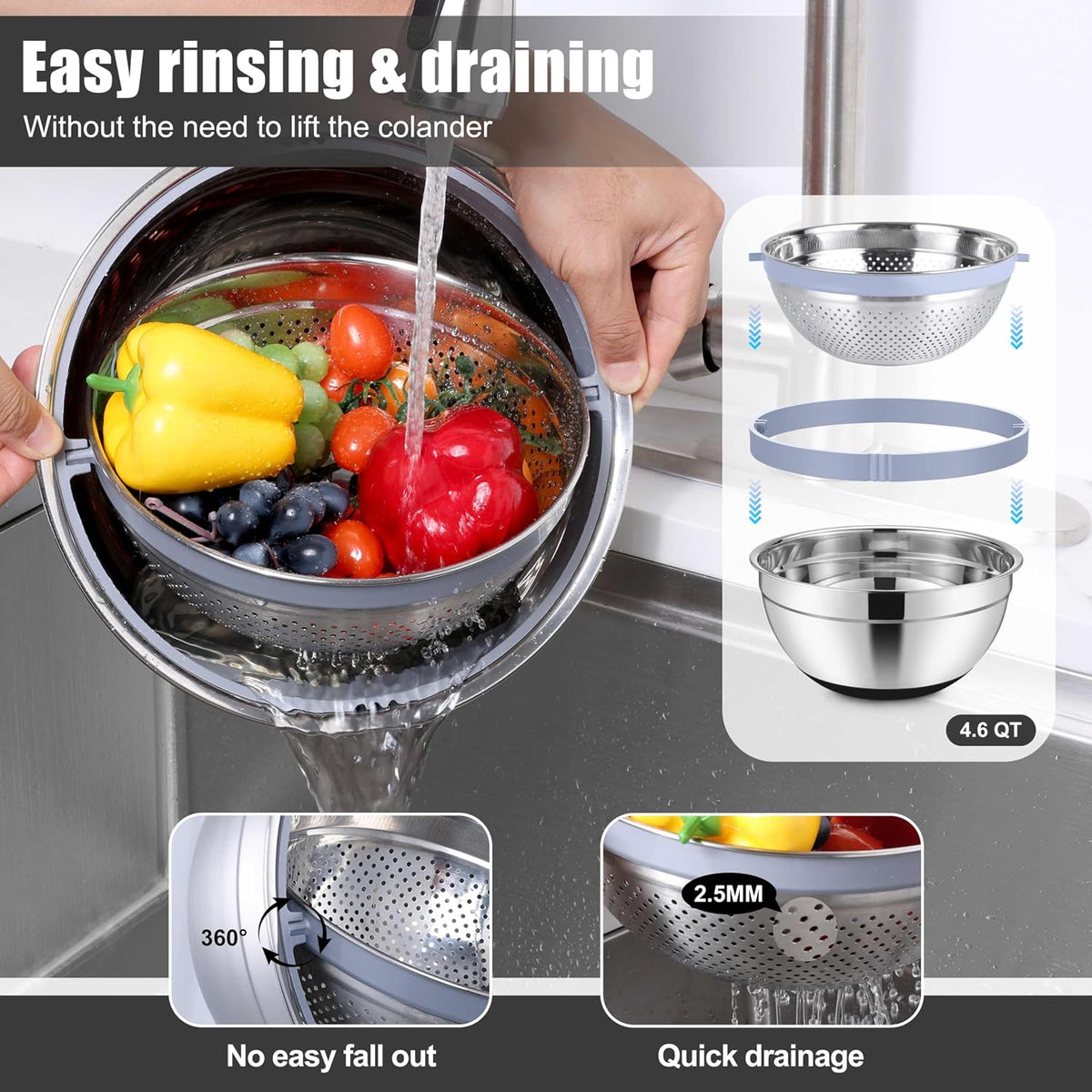 Stainless Steel Mixing Bowls with Lids & Colander, 15PCS