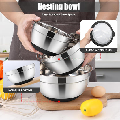 Stainless Steel Mixing Bowls with Lids & Colander, 15PCS