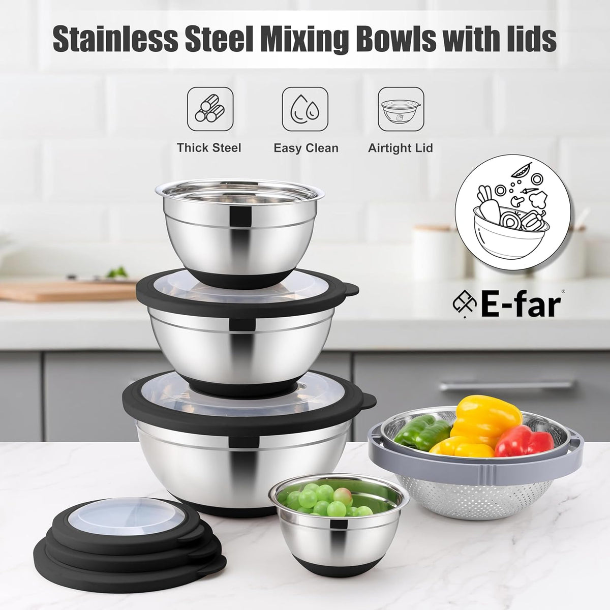Stainless Steel Mixing Bowls with Lids & Colander, 15PCS