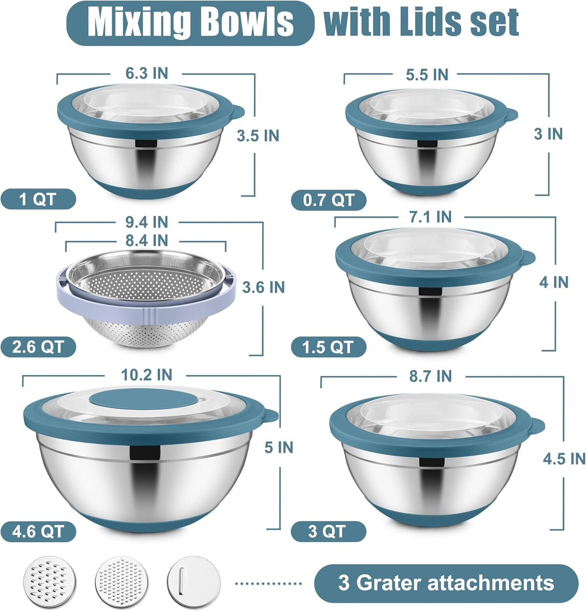 Stainless Steel Mixing Bowls with Lids & Colander, 15PCS