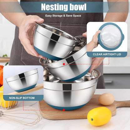 Stainless Steel Mixing Bowls with Lids & Colander, 15PCS