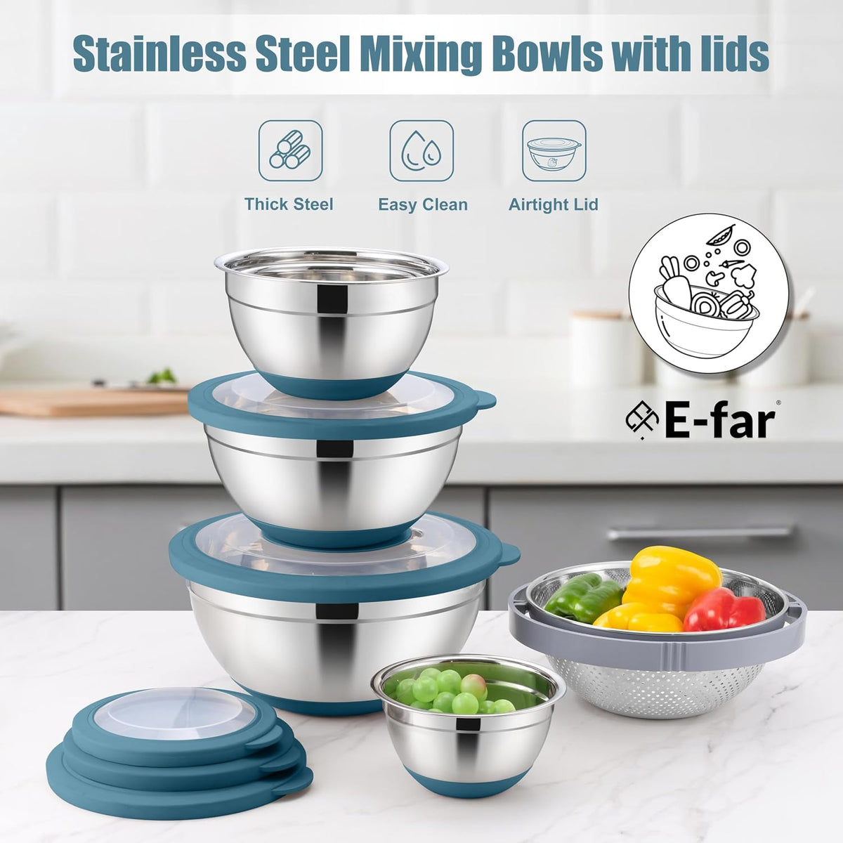 Stainless Steel Mixing Bowls with Lids & Colander, 15PCS