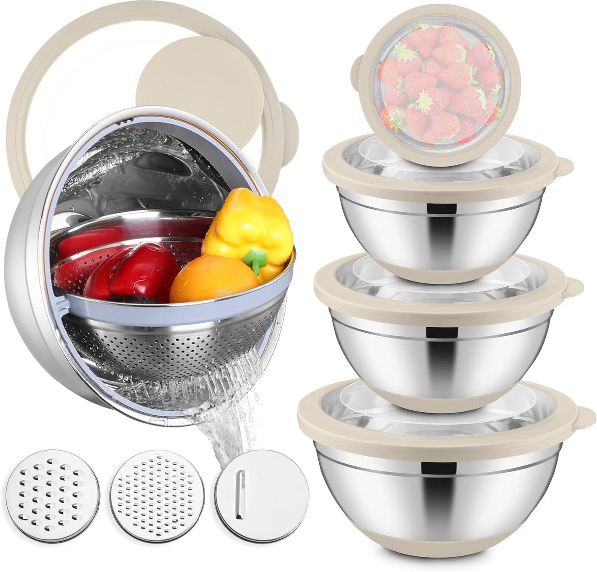 Stainless Steel Mixing Bowls with Lids & Colander, 15PCS